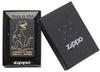 Licensed to Carry Small Arms" Dinosaur Engraving Black Matte Lighter with its lid open and lit.