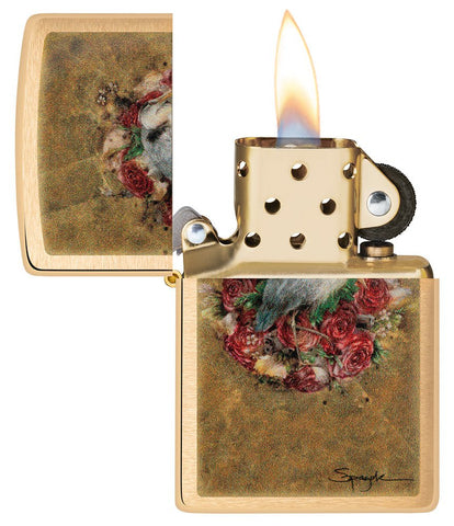 Spazuk Bird and Roses Design Brushed Brass Windproof Lighter with its lid open and lit.