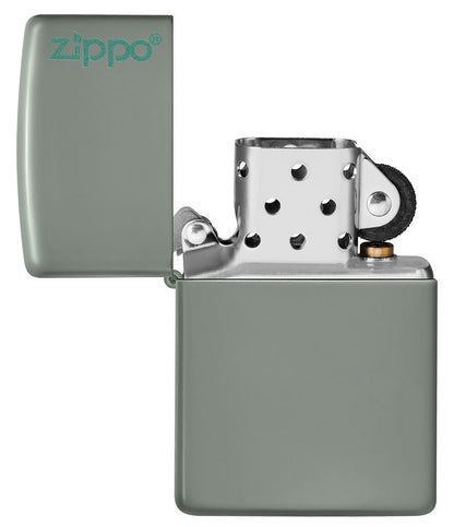 Classic Sage Zippo Logo Windproof Lighter with its lid open and unlit.