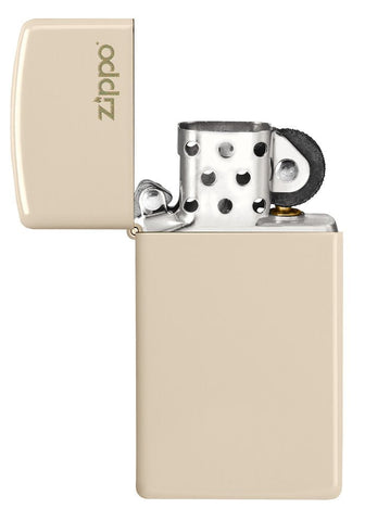 Slim® Flat Sand Zippo Logo Windproof Lighter with its lid open and unlit.