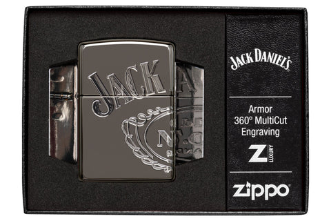 Jack Daniel's® Armor® High Polish Black Ice® Windproof Lighter int its luxury packaging
