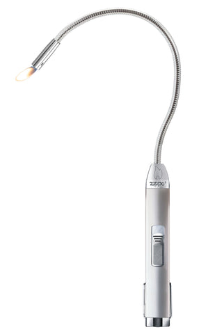 Front image of the silver Flex Neck XL utility lighter with the flex neck curved lit