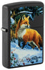 Front shot of Zippo Linda Pickens Fox Design Black Matte Windproof Lighter standing at a 3/4 angle.