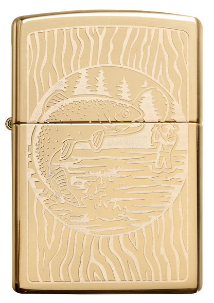 Front of Fisherman Design High Polish Brass Windproof Lighter