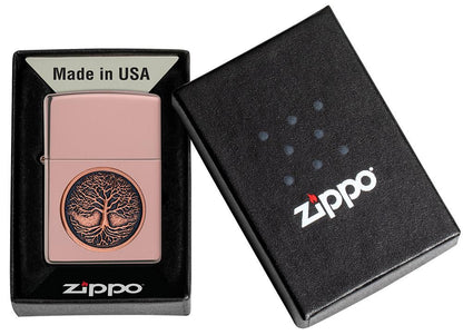 Tree of Life Emblem High Polish Rose Gold Windproof Lighter in its packaging.