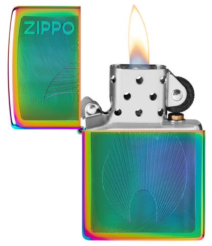 Zippo Dimensional Flame Design Multi Color Windproof Lighter with its lid open and lit.