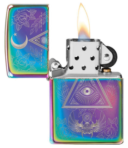 Eye of Providence Design Windproof Lighter with its lid open and lit