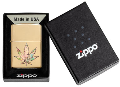 Pot Leaf Fusion Design Windproof Lighter in its packaging