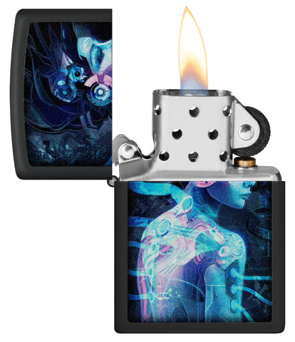 Zippo Black Light Cyber Woman Design Black Matte Windproof Lighter with its lid open and lit.
