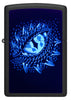 Front view of Zippo Black Light Dragon Eye Design Black Matte Windproof Lighter  glowing with a black light.