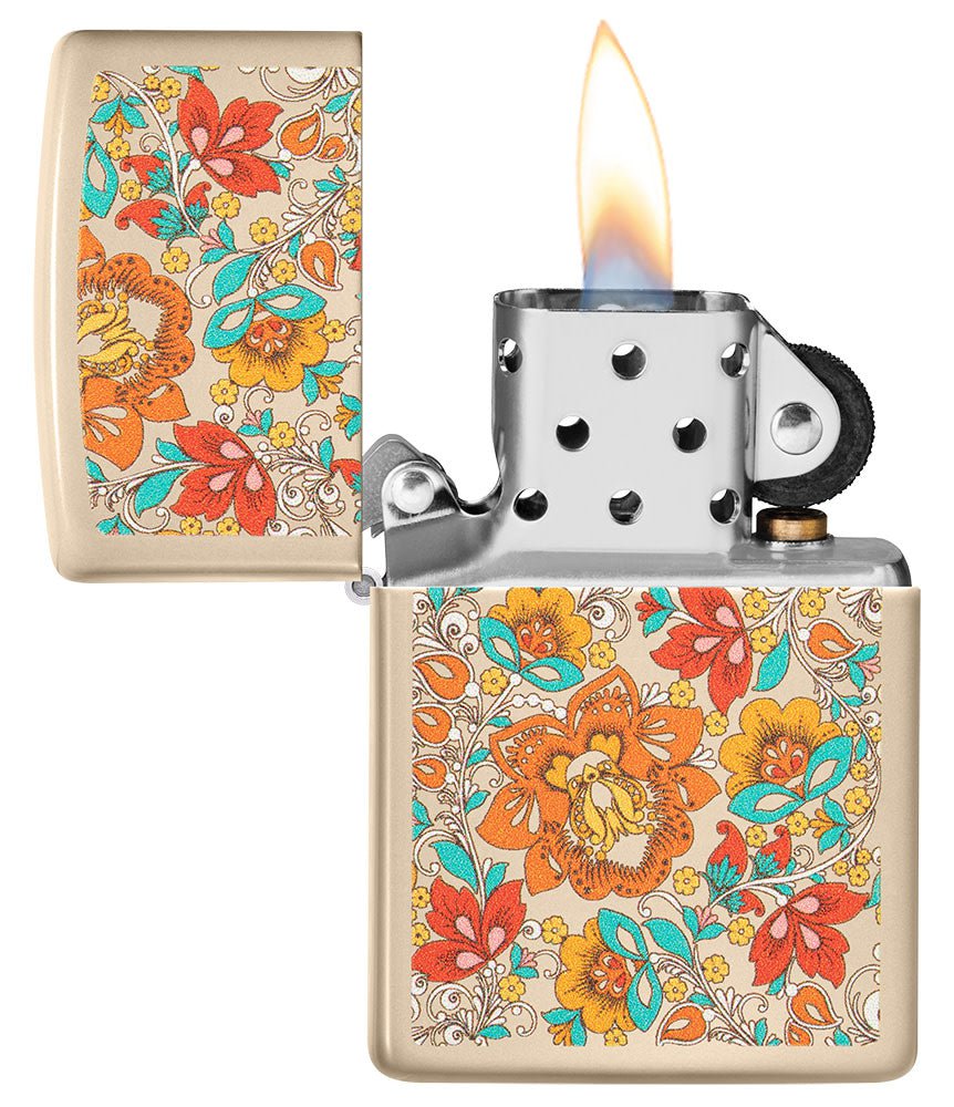 Vintage Floral Design Flat Sand Windproof Lighter with its lid open and lit.