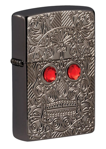 Front shot of Crystal Skull Design Armor® High Polish Black Ice Windproof Lighter standing at a 3/4 angle