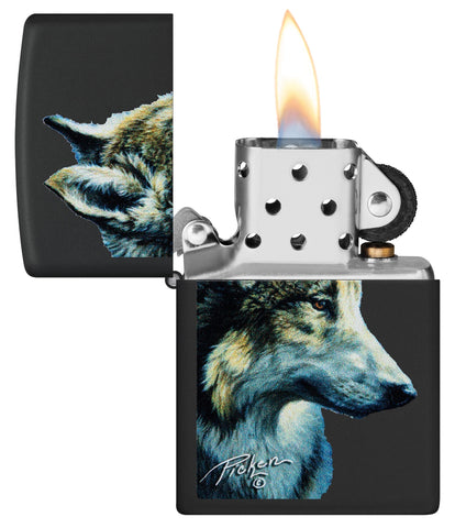 Zippo Linda Pickens Wolf Design Black Matte Windproof Lighter with its lid open and lit.