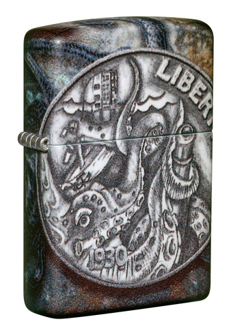Front shot of Pirate Coin 540 Color Design Windproof Lighter standing at a 3/4 angle