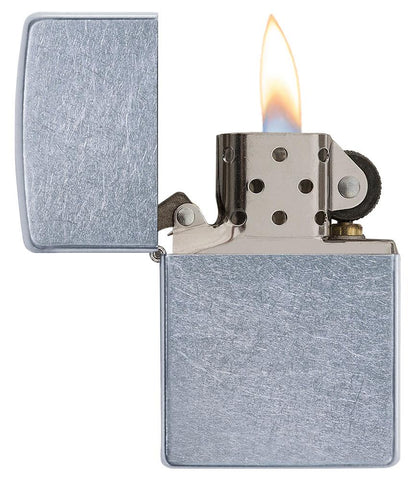Street Chrome Windproof Lighter with its lid open and lit