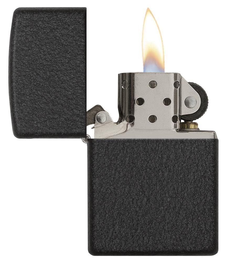 Front view of the Black Crackle® Lighter open and lit