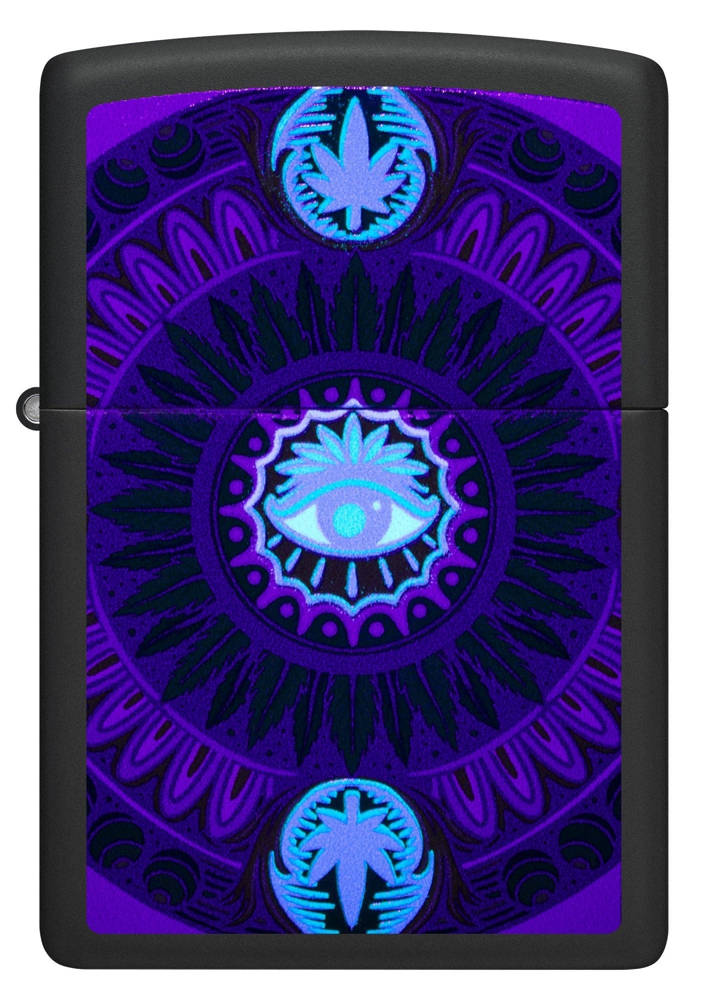 Front view of Zippo Black Light Cannabis Pattern Design Black Matte Windproof Lighter glowing with a black light.