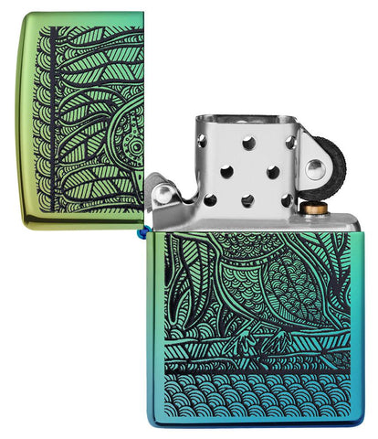 John Smith Gumbula Bird High Polish Teal Windproof Lighter with its lid open and unlit