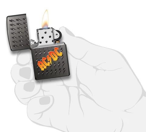 AC/DC® logo Gray Windproof Lighter lit in hand