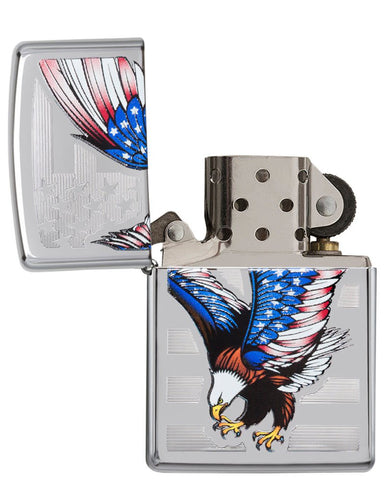 Zippo E-Star Award with Americana Eagle and Flag Windproof Lighter open and unlit.