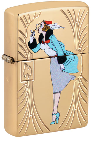 Front shot of Zippo Windy 85th Anniversary Collectible Armor High Polish Brass Windproof Lighter, standing at a 3/4 angle.