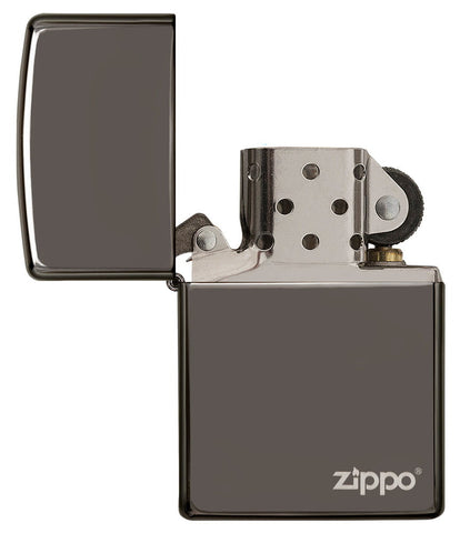 Front view of the Laser Engraved Black Ice Lighter in hand, open and unlit.