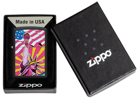Lady Liberty Design Black Matte Windproof Lighter in its packaging.