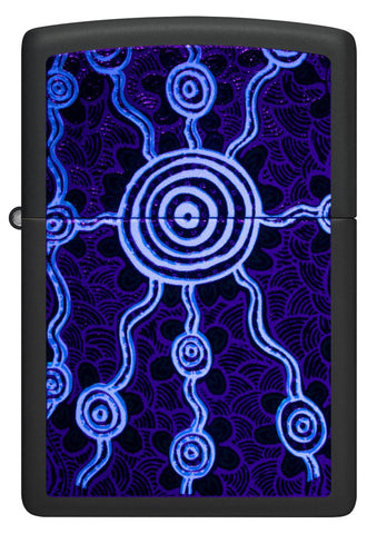 Front view of Zippo John Smith Gumbula Black Light Design Black Matte Windproof Lighter glowing with a black light.