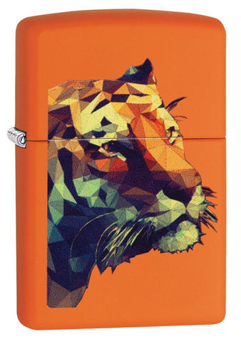 Front shot of Tiger Orange Windproof Lighter standing at a 3/4 angle