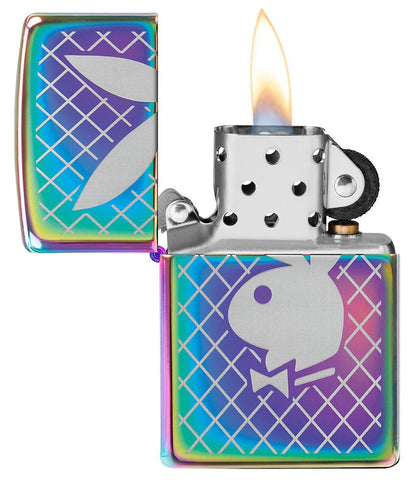 Playboy Bunny Logo Multi Color Windproof Lighter with its lid open and lit