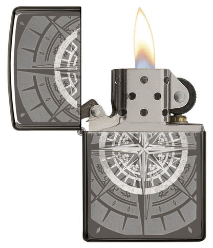 Black Ice Compass Windproof Lighter -open and lit