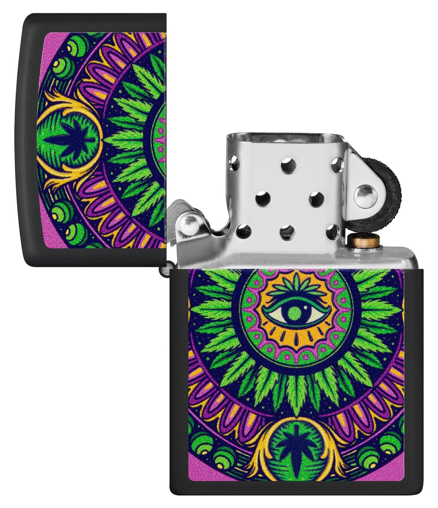 Zippo Black Light Cannabis Pattern Design Black Matte Windproof Lighter with its lid open and unlit.