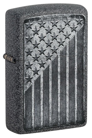 Front shot of Stars and Stripes Design Iron Stone Windproof Lighter standing at a 3/4 angle.