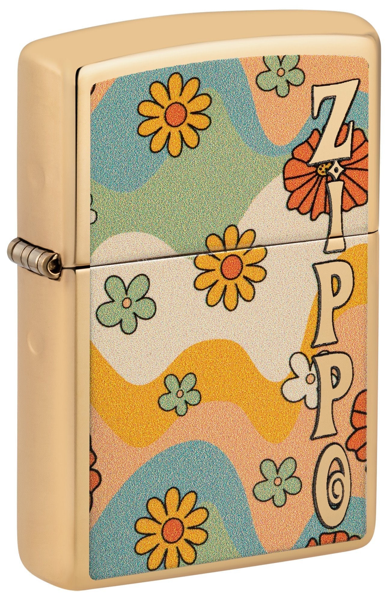 Front shot of Zippo Flower Power Design High Polish Brass Windproof Lighter standing at a 3/4 angle.