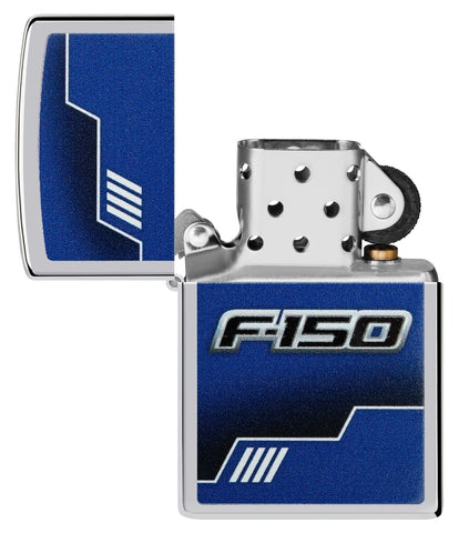 Ford F150 Truck High Polish Chrome Windproof Lighter with its lid open and unlit.