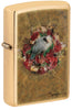 Front shot of Spazuk Bird and Roses Design Brushed Brass Windproof Lighter standing at a 3/4 angle.