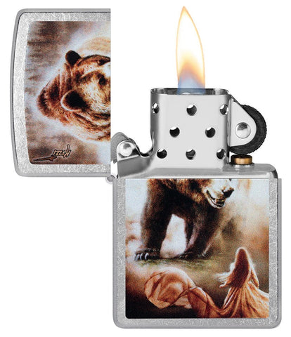 Mazzi Grizzly Bear Street Chrome Windproof Lighter with its lid open and lit.