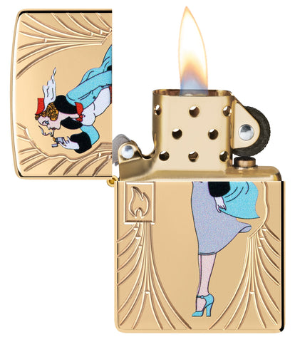 Zippo Windy 85th Anniversary Collectible Armor High Polish Brass Windproof Lighter with its lid open and lit.