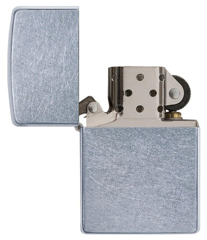 Street Chrome Windproof Lighter with its lid open and unlit