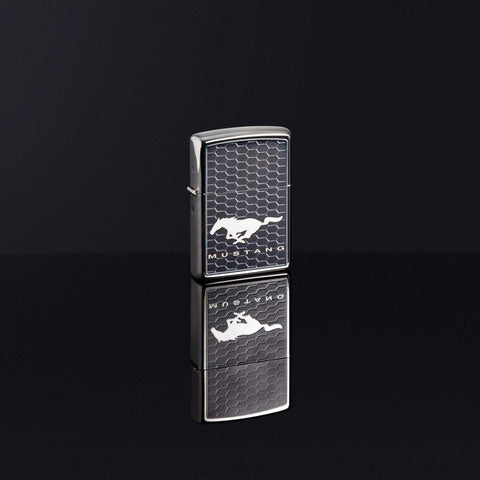 Lifestyle image of Ford Mustang Windproof Lighter standing in a black reflective background