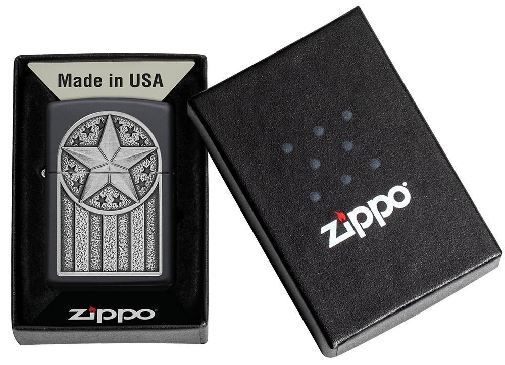 American Metal Emblem Black Matte Windproof Lighter in its packaging.