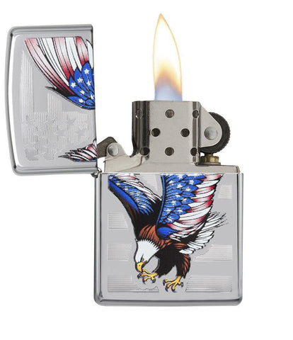 Zippo E-Star Award with Americana Eagle and Flag Windproof Lighter open and lit