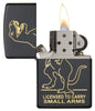 Licensed to Carry Small Arms" Dinosaur Engraving Black Matte Lighter lit in hand.