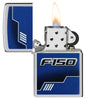 Ford F150 Truck High Polish Chrome Windproof Lighter with its lid open and lit.