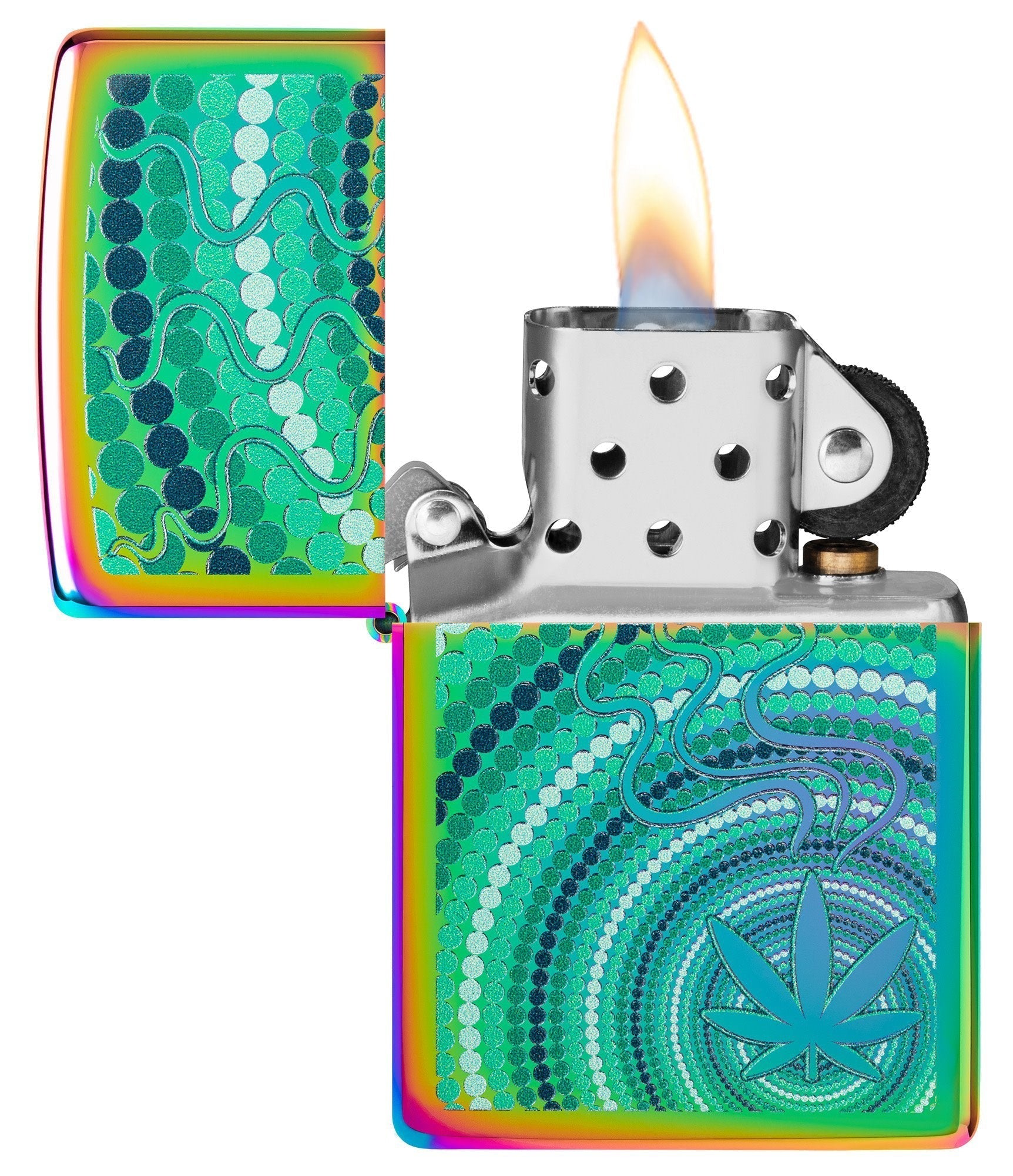 Cannabis Leaf Design Multi Color Windproof Lighter with its lid open and lit.