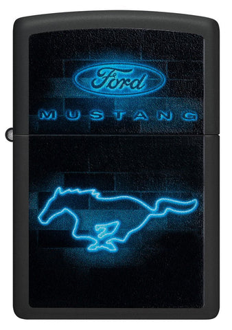 Front shot of Ford Mustang Neon Logo Black Matte Windproof Lighter.