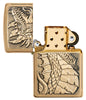 Dragon Emblem Design Brushed Brass Windproof Lighter with its lid open and unlit