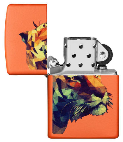 Tiger Orange Windproof Lighter with its lid open and unlit