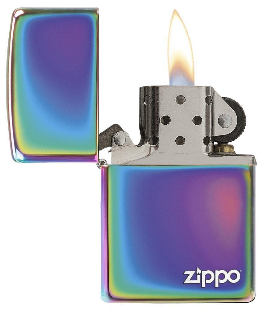 Classic Multi Color Zippo Logo Windproof Lighter with its lid open and lit.