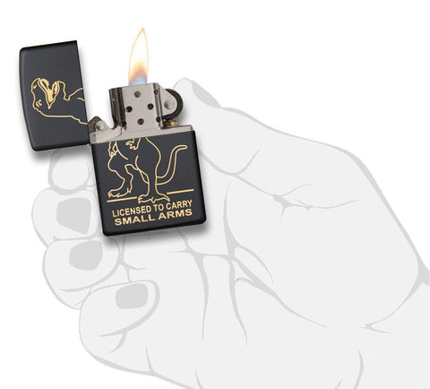 Licensed to Carry Small Arms" Dinosaur Engraving Black Matte Lighter in its packaging.